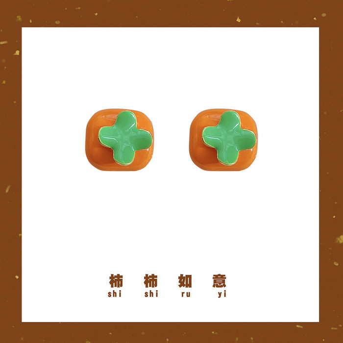 Orange Persimmon Green Calyx Enamel Stud Earrings Pair