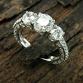 Silver Tone Three Stone Clear CZ Pave Band Finger Ring view 1