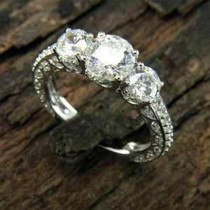 Silver Tone Three Stone Clear CZ Pave Band Finger Ring