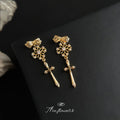 Gold Bow Flower Lace Cross Pendant Drop Earrings Pair view 4