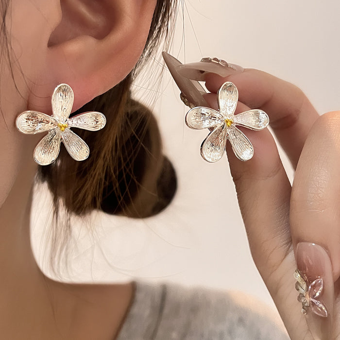 Silver Tone Clear Petal Flower Statement Stud Earrings