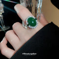 Silver Tone Green Oval Cabochon Open Ring With Clear Crystal Halo view 3