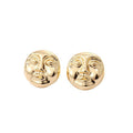 Gold Tone Sculpted Face Relief Round Stud Earrings view 1