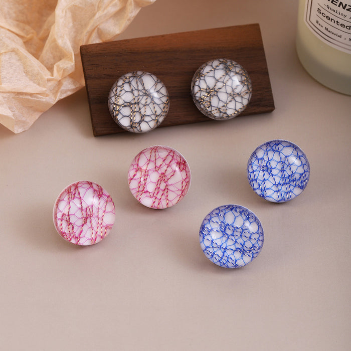 Gray Pink and Blue Crackle Pattern Round Stud Earrings