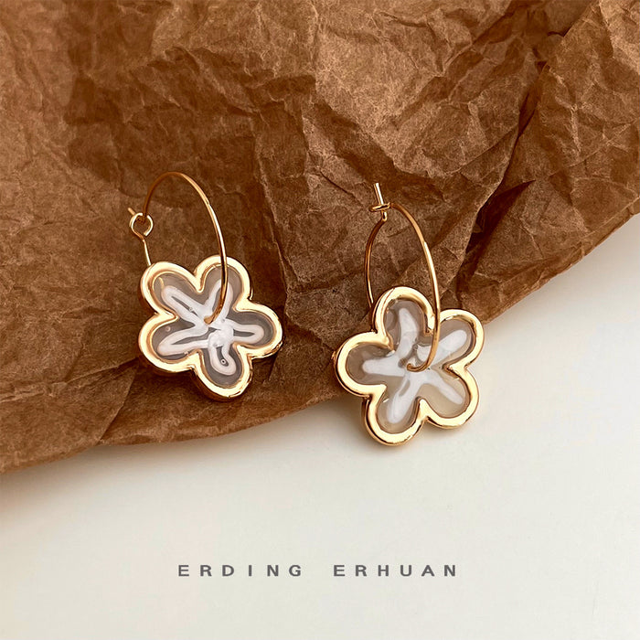 Gold Thin Hoop Cream Swirl Enamel Flower Charm Earrings
