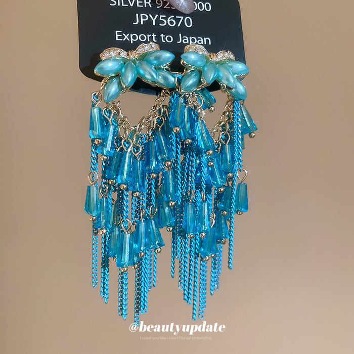 Crystal Floral Chandelier Earrings With Blue Or Clear Fringe