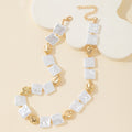 White Faux Pearl Square Bead Necklace With Gold Nugget Accents view 1