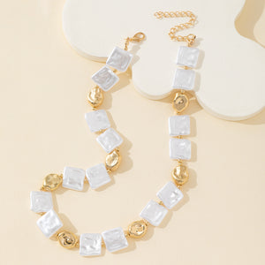 White Faux Pearl Square Bead Necklace With Gold Nugget Accents