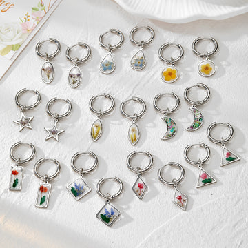 Silver Huggie Hoops Geometric Dried Flower Charms 10 Styles