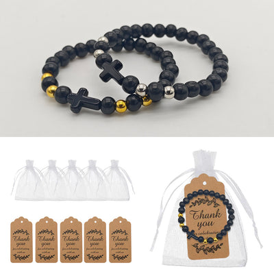 Black cross bead bracelets with organza bags and kraft tags