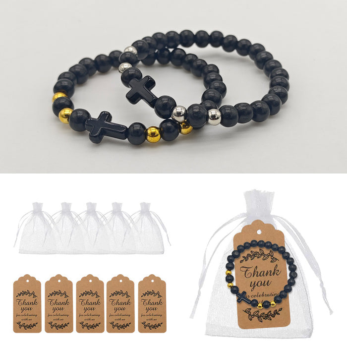 Black Wood Bead Cross Stretch Bracelet Mixed Accents