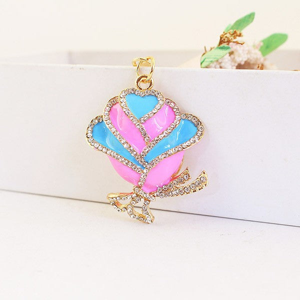 Rhinestone Rose Flower Keychain Zinc Alloy Car Bag Charm