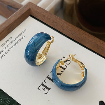Blue Marbled Wide Hoop Earrings With Gold Tone Edges