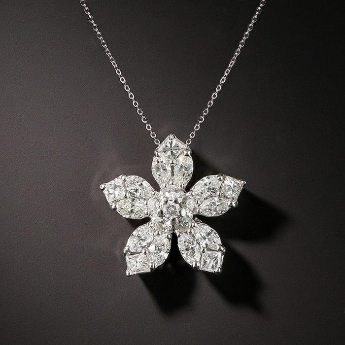 Five Petal Flower Clear CZ Pendant Necklace Silver Tone Chain