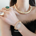 Gold Bamboo Collar Cuff Bracelet Oval Stone Rings Set Pieces view 4
