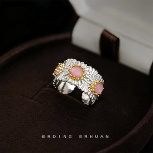 Adjustable Open Ring with Pink Cat's-Eye Stones, Two-Tone Brass