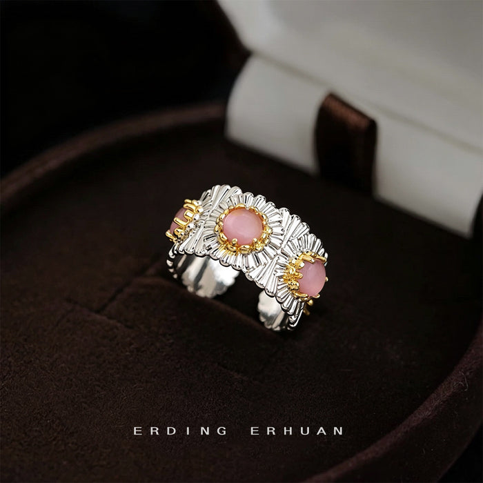 Silver And Gold Tone Leaf Texture Pink Cat Eye Stone Open Ring