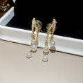 Pearl Cluster Floral Dangle Clip On Earrings With Polished Metal Details view 8