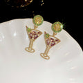 Pink Crystal Cocktail Glass Stud Earrings with Green Tops view 6
