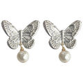 Silver-Tone Textured Butterfly Stud Earrings Pearl Dangles view 5