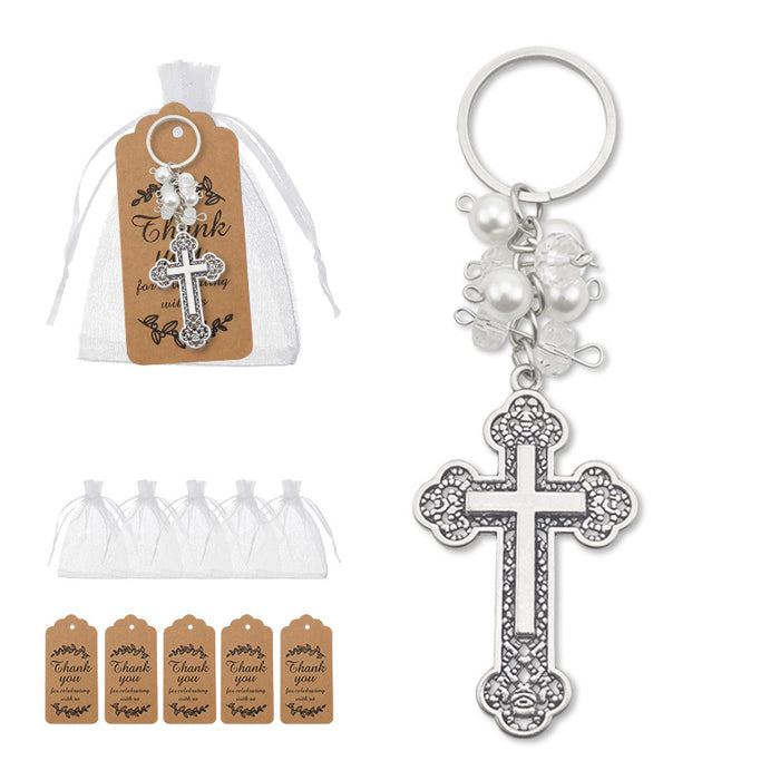 Pearl Cluster Ornate Silver Tone Cross Keychain and Attached Hardware