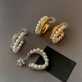 Gold Tone Double Row Pearl Hoop Stud Earrings Fashion Jewelry view 1