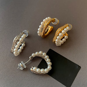 Gold Tone Double Row Pearl Hoop Stud Earrings Fashion Jewelry
