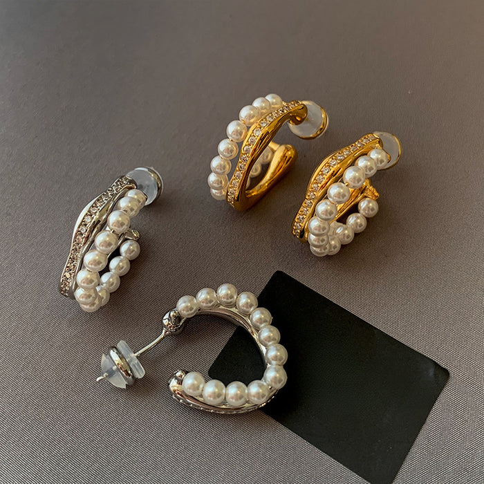 Gold Tone Double Row Pearl Hoop Stud Earrings Fashion Jewelry