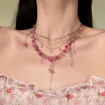 Layered Beaded Chain Necklace in Pink and Silver Tones
