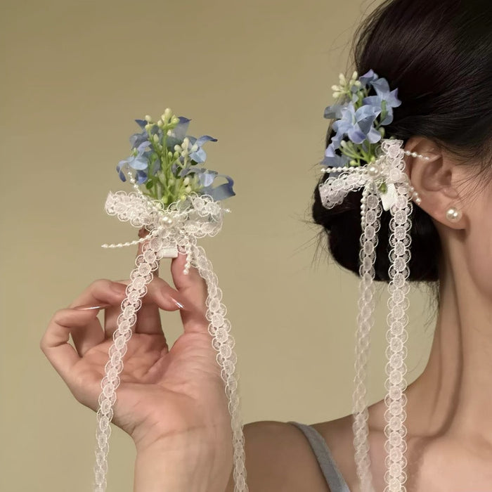 Blue or Yellow Floral Bow Hair Clip with Long Sheer Ribbon Tails