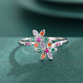 Silver Tone Multicolor Flower Ring Openwork Leaf Petals view 5