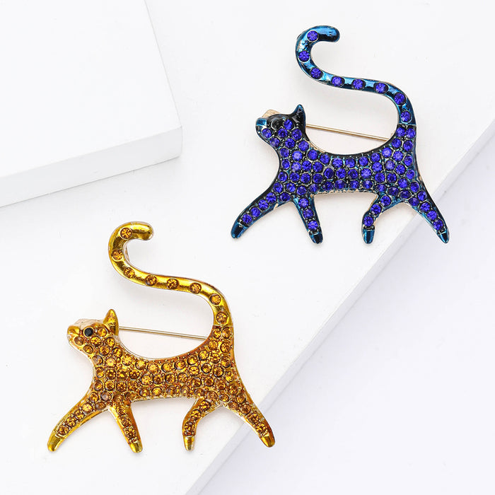 Long Tail Crystal Cat Brooch in Gold or Deep Blue Enamel