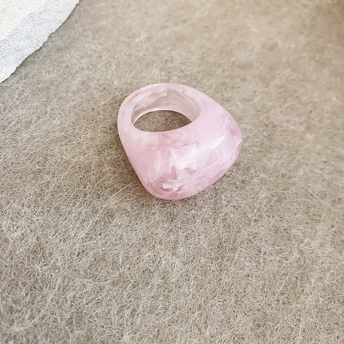 Pink white marbled translucent chunky resin ring