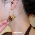 Gold Tone Brown and Burgundy Stone Fringe Hook Earrings view 3