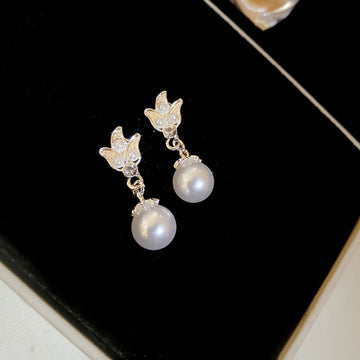 Silver Pearl Bow Necklace Butterfly Pearl Drop Earrings