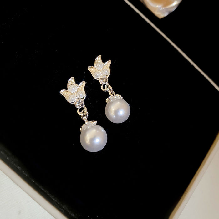 Silver Pearl Bow Necklace Butterfly Pearl Drop Earrings