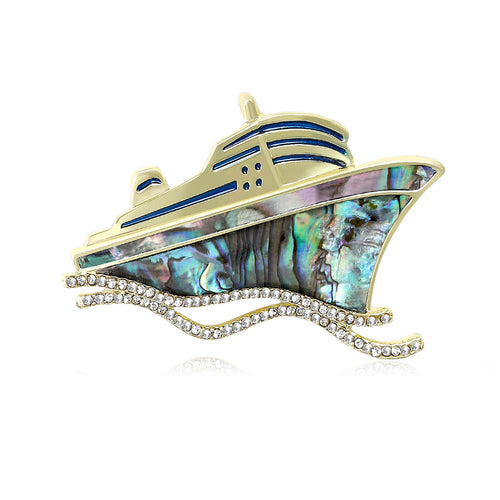 Front view of the shell inlay cruise ship brooch and its color options