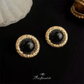 Black Cabochon Round Gold Textured Border Stud Earrings view 4