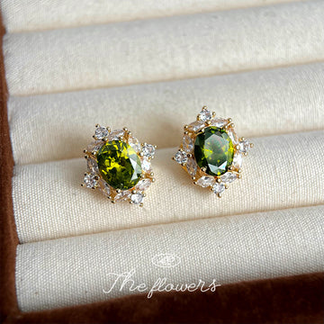 Gold Tone Dark Green Oval Stone Clear Halo Stud Earrings