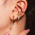 Crystal Cross Drop Hoop Earrings in Fifteen Gold Tone Styles view 4