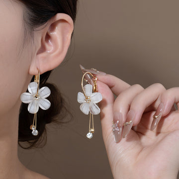 White Translucent Flower Gold Tone Hoop Dangle Earrings