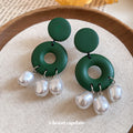 Green Wood Ring and Faux Pearl Fringe Drop Earrings view 2
