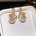 Gold Tone White Pearl Drop And Crystal Loop Hoop Earrings view 6