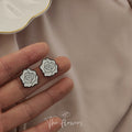 White Enamel Black Outline Rose Flower Stud Earrings Pair view 1