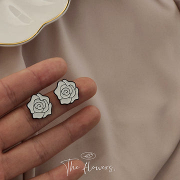 White Enamel Black Outline Rose Flower Stud Earrings Pair