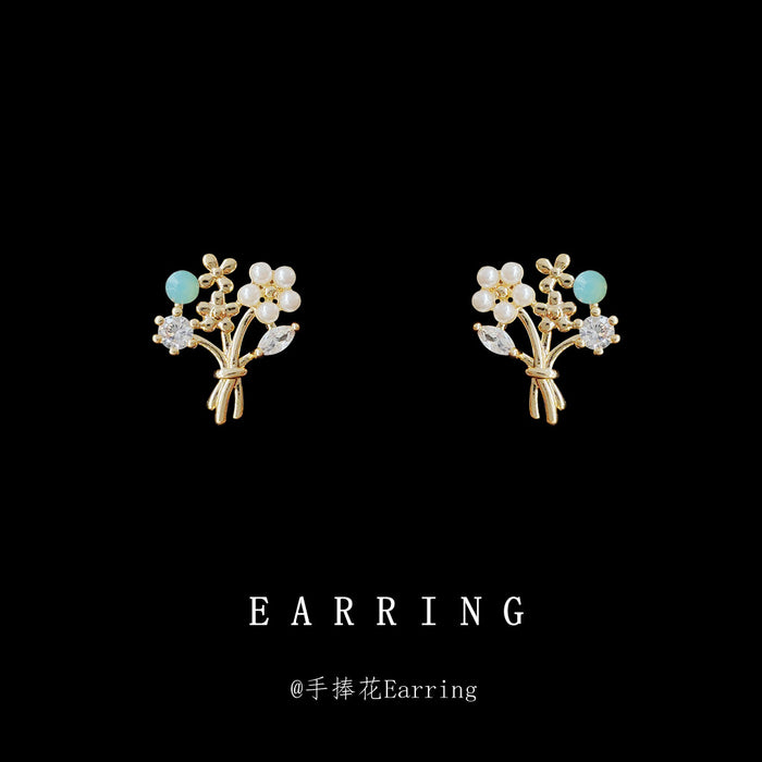 Gold Tone Floral Bouquet Stud Earrings With Pearls And Clear Stones