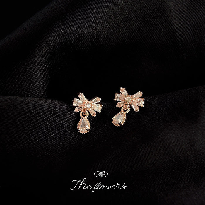 Rose Gold Baguette Bow Teardrop Zircon Drop Stud Earrings