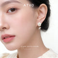 Gold White Enamel Camellia Crystal Leaf Drop Stud Earrings view 2
