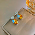 Amber Oval Crystal Drop Earrings Blue Flower Leaf Stud view 1
