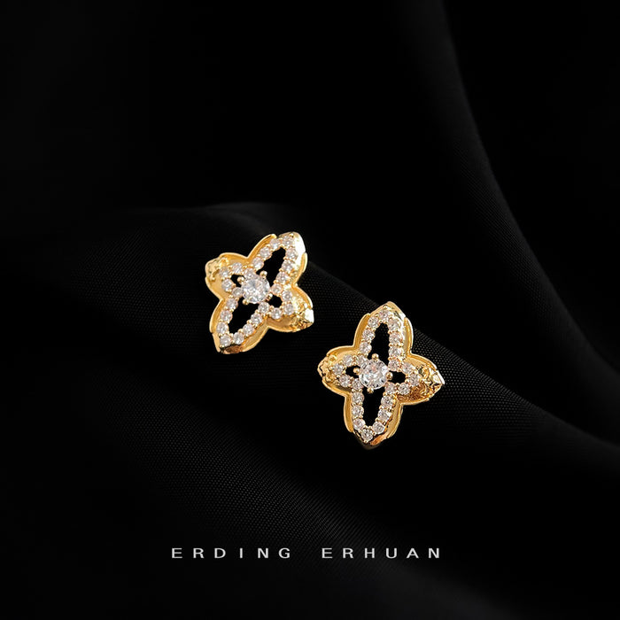 Gold Openwork Four Leaf Clover Pave Stud Clip Earrings